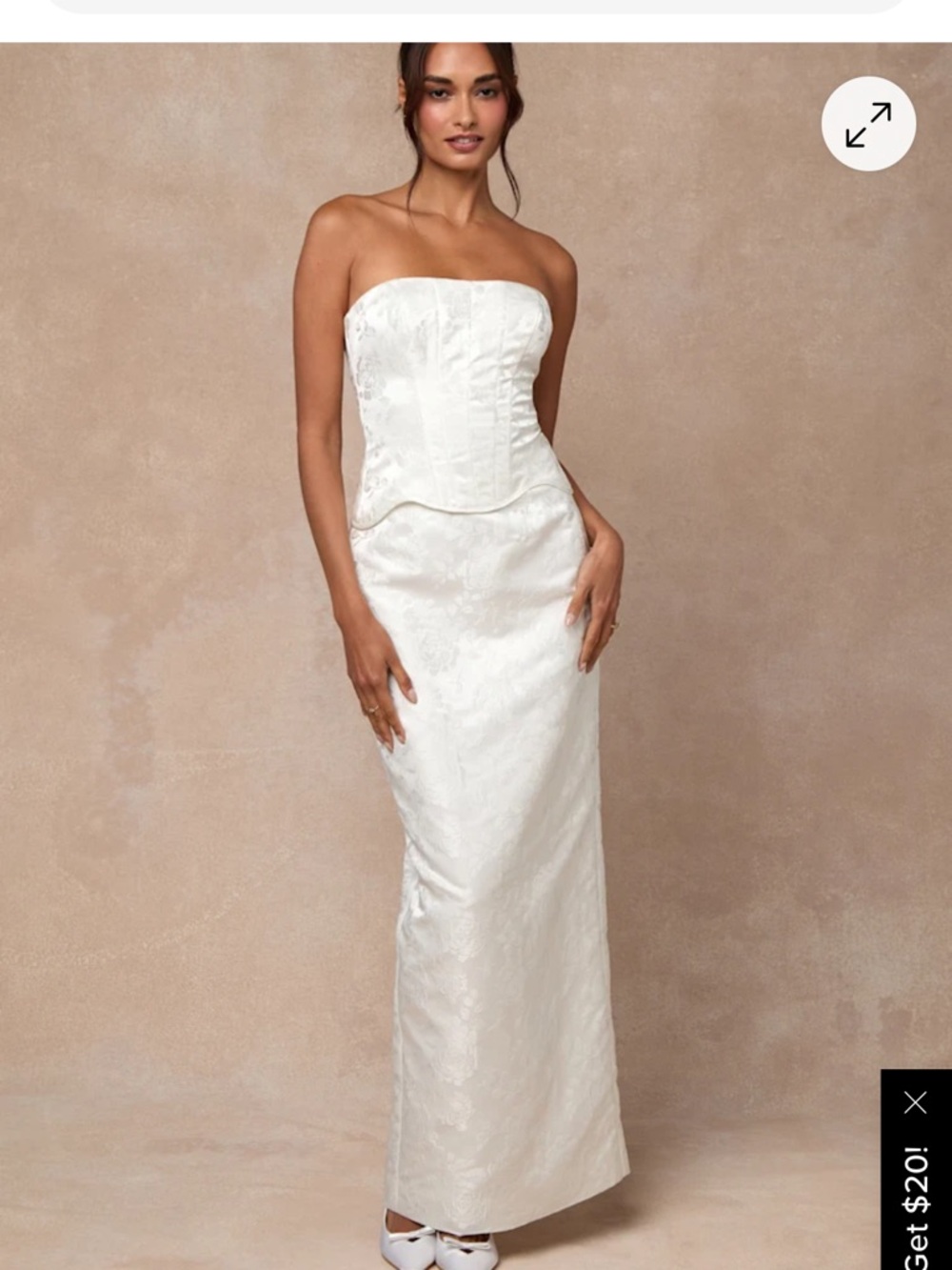 Lulus Melva White Satin Jacquard Two-Piece Bustier Maxi Dress
